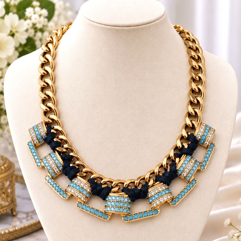 Vintage Gold Tone Blue Rhinestone Suede Wrapped Statement Necklace